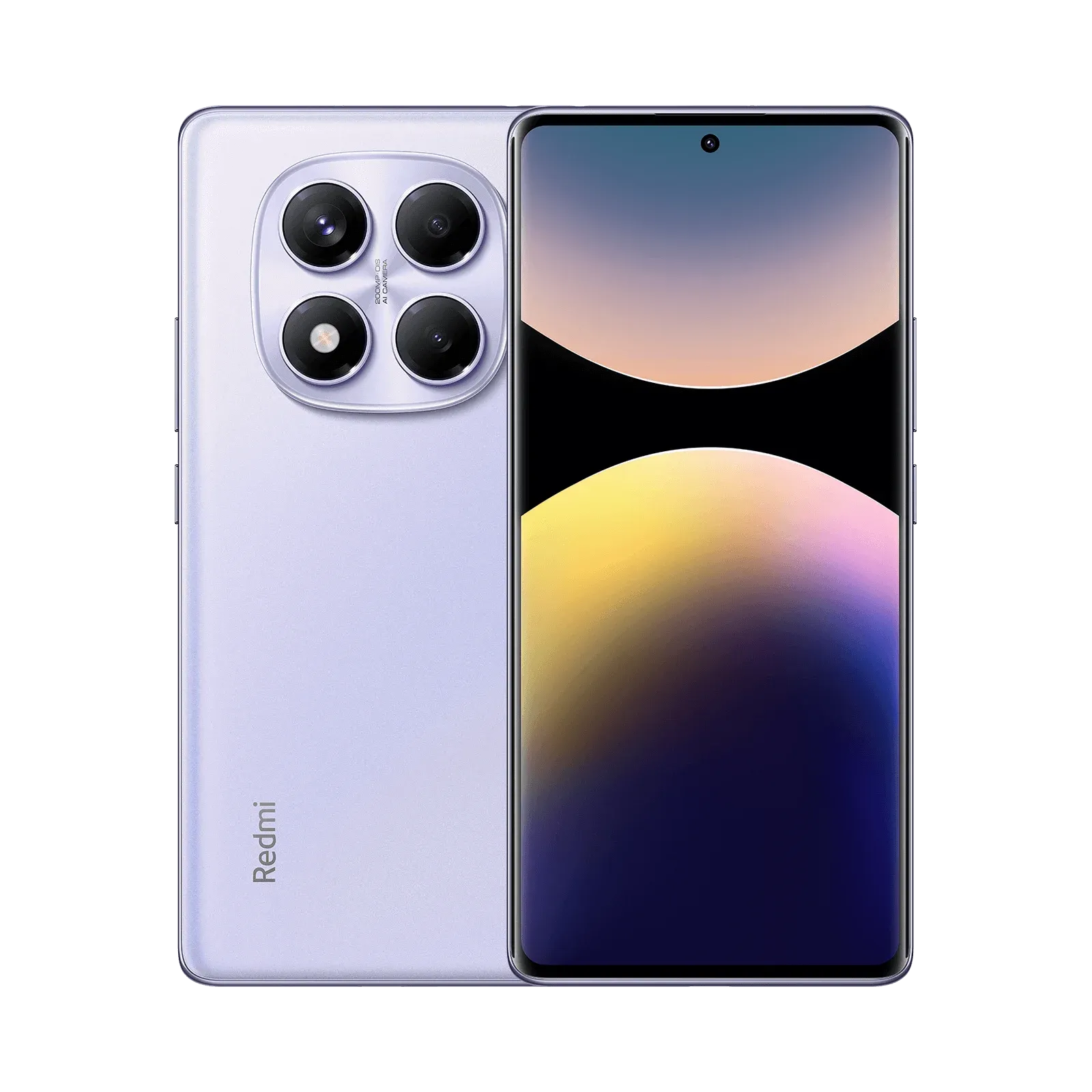 Redmi Note 14 Pro color violeta claro, vista frontal y trasera con la cámara AI de 200 MP